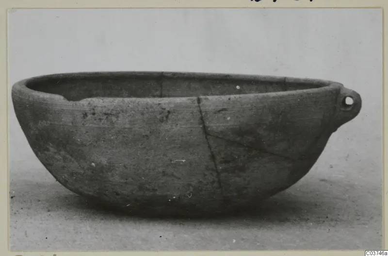 Plain bowl with a small pierced lug handle on one side, shown in side view against a pale background.