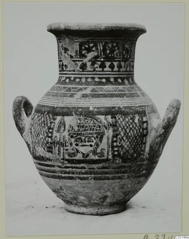 Painted pottery vessel with two handles, decorated with horizontal bands and a central panel with a stylised figure