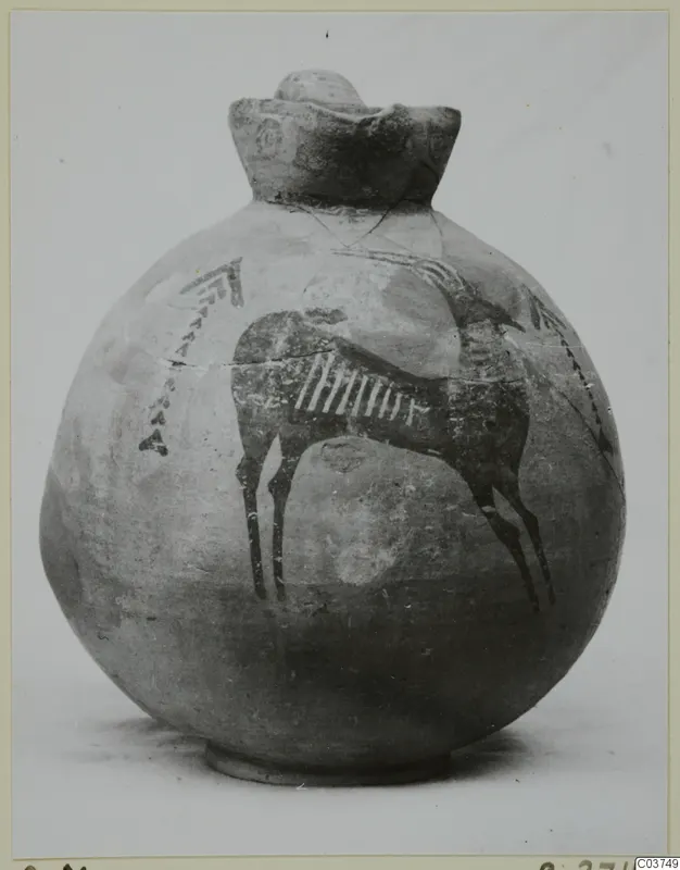 Round painted jug with a hatched animal with long curved horns and chevron bands across its body