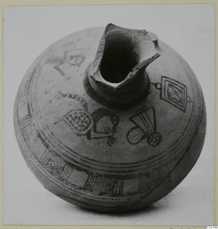 White Painted III-1 pottery vessel with a broken neck, decorated with painted bands and geometric motifs
