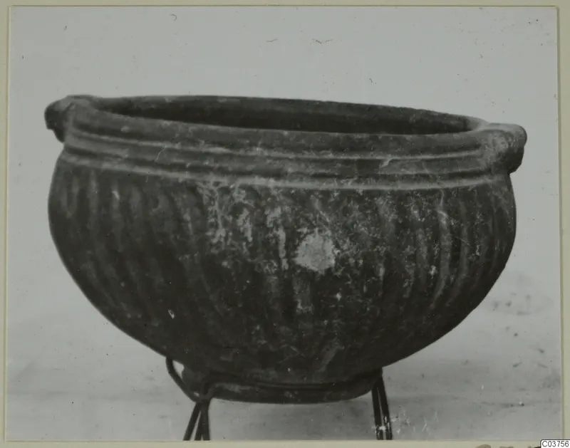 Dark-slipped bowl with vertical fluting and small rim handles, shown on a wire stand