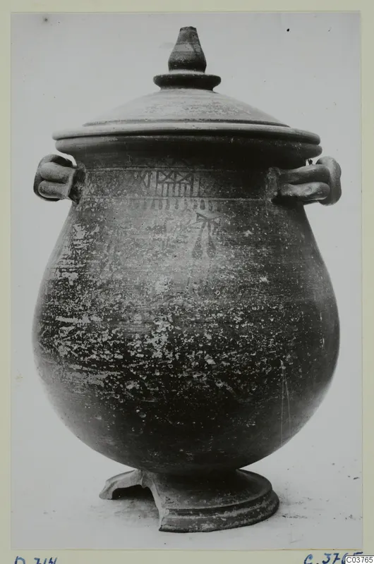 Lidded pot with two loop handles, a knob on the lid and dark decorated bands on the shoulder