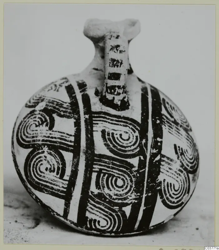Pottery vessel, White Painted VI, with black spiral and band decoration and a tall vertical handle