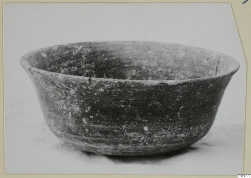 Dark bowl with a flared rim, photographed from the side on a pale surface