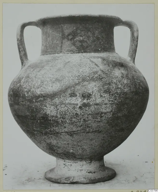 Pottery Bichrome IV amphora-crater: a two-handled painted vessel with a wide neck and footed base.
