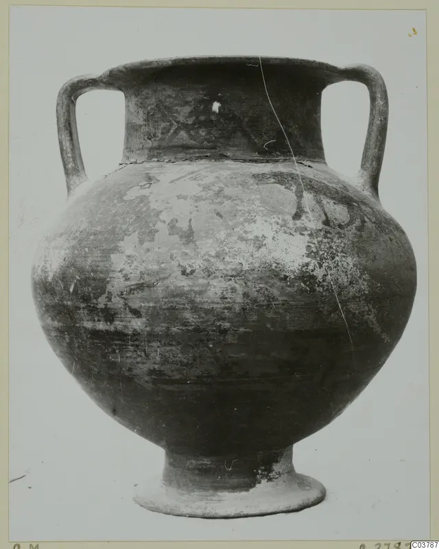 Two-handled painted amphora-crater with a rounded body and a ring foot, photographed against a plain background