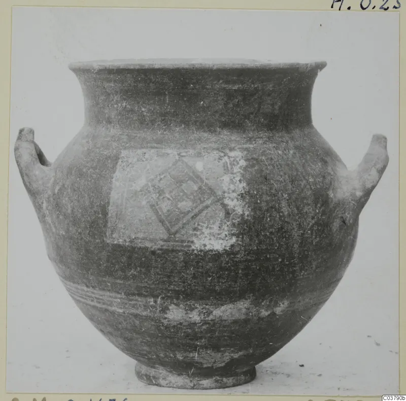Black Slip Painted pottery jar with two handles and a diamond-patterned panel in pale paint