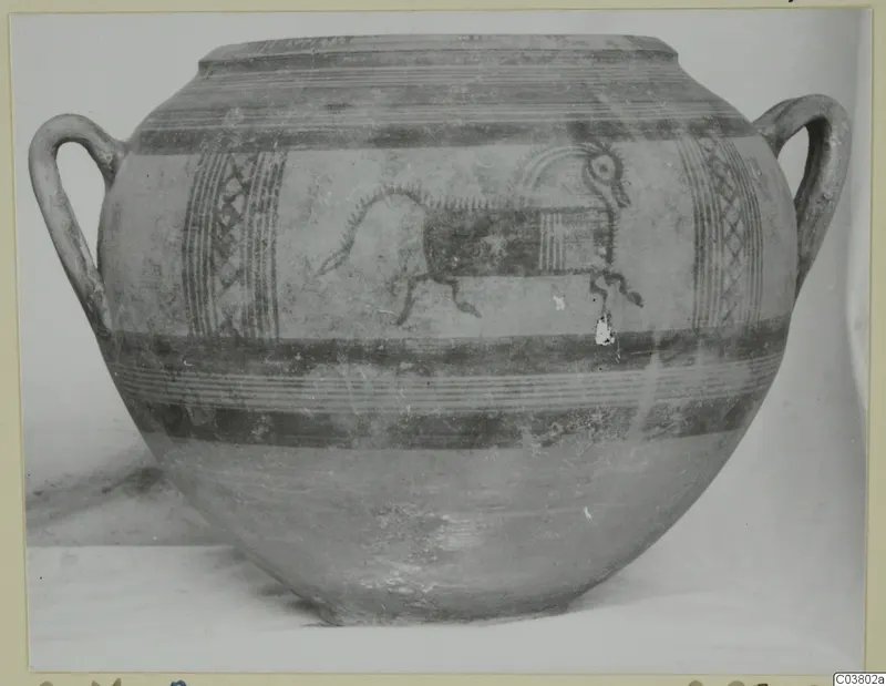 Painted pottery vessel with two handles, horizontal bands of ornament and an animal figure on the body