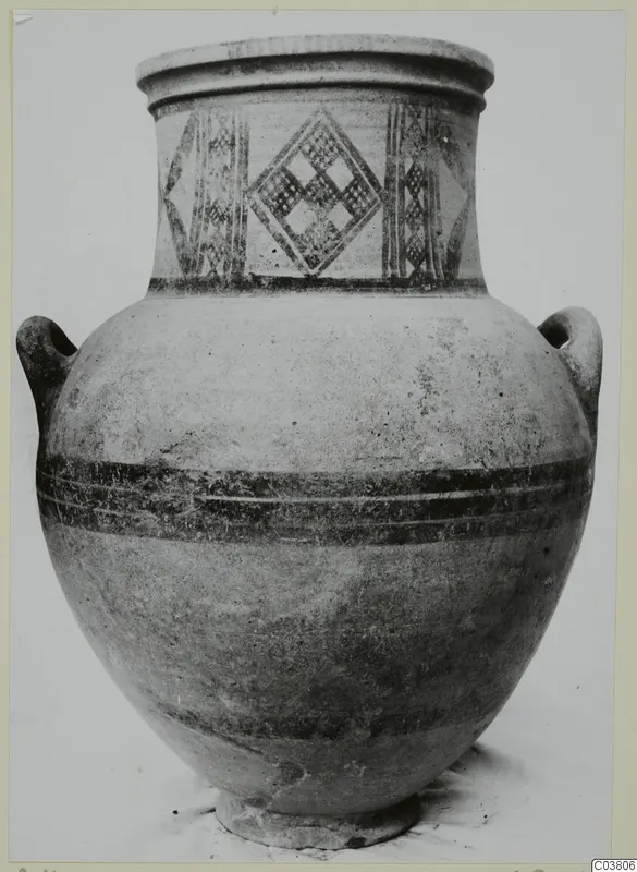 White Painted III-1 pottery jar with two handles and painted diamond motifs on the neck