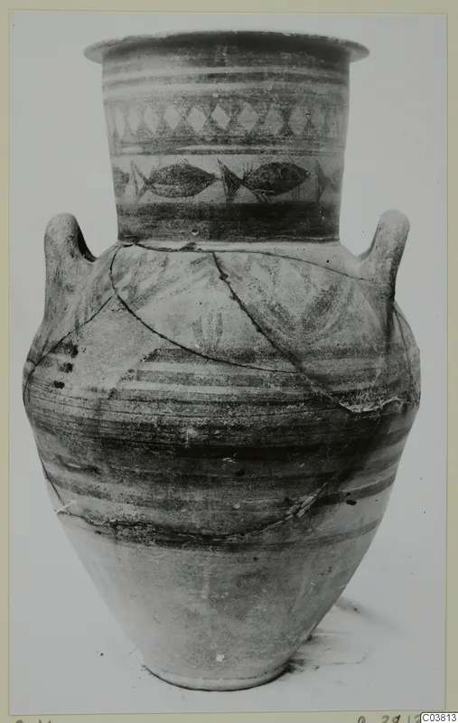 Two-handled painted jar with a band of fish and a row of triangles on the neck, Bichrome pottery