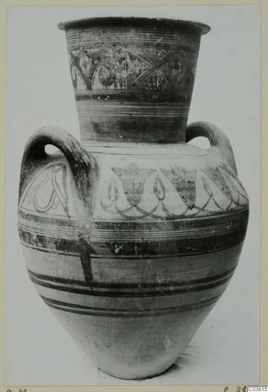 Painted Pottery Bichrome IV amphora-crater with two handles, banded body and leaf-like motifs on the shoulder