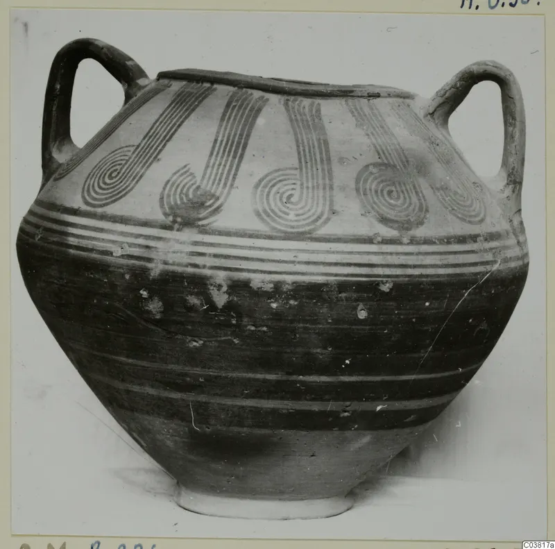 Two-handled painted jar with spiral and banded decoration, Bichrome V pottery