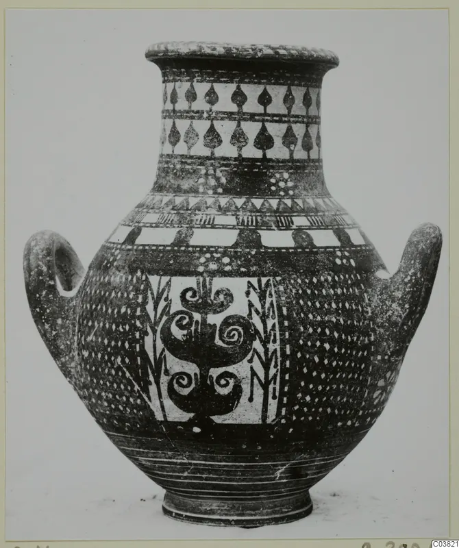 Bichrome V two-handled jar with spiral and leaf-motif painted decoration