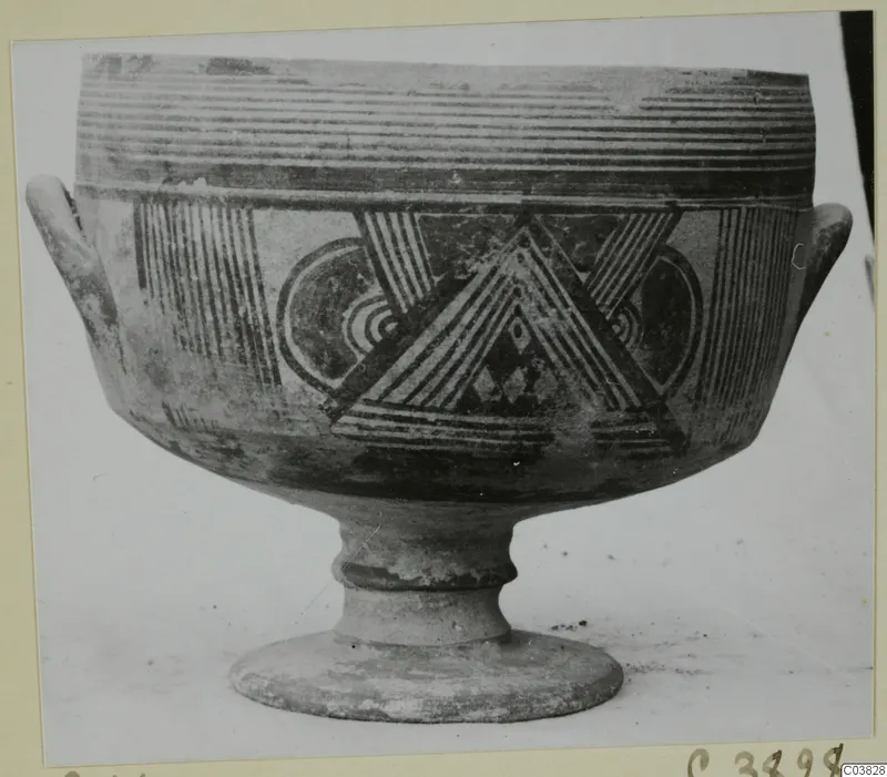 Painted pottery footed bowl with two handles and geometric bands, triangles and arcs, Pottery Bichrome IV