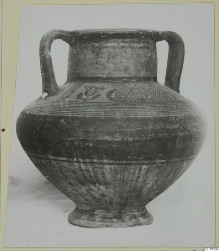 Painted two-handled vessel, Pottery Bichrome IV, amphora-crater, with bands and motifs on the shoulder