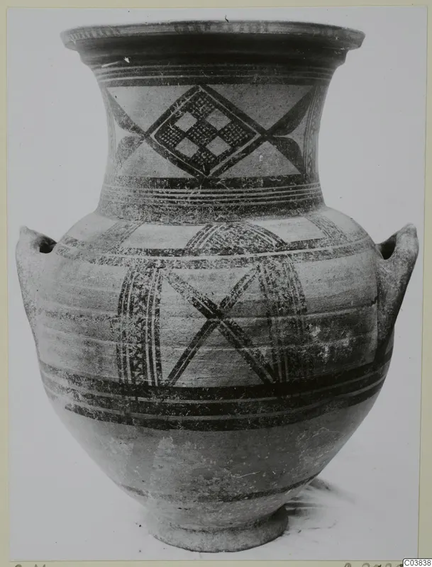 Painted two-handled jar with lozenge and arc designs, catalogued as Pottery Bichrome III