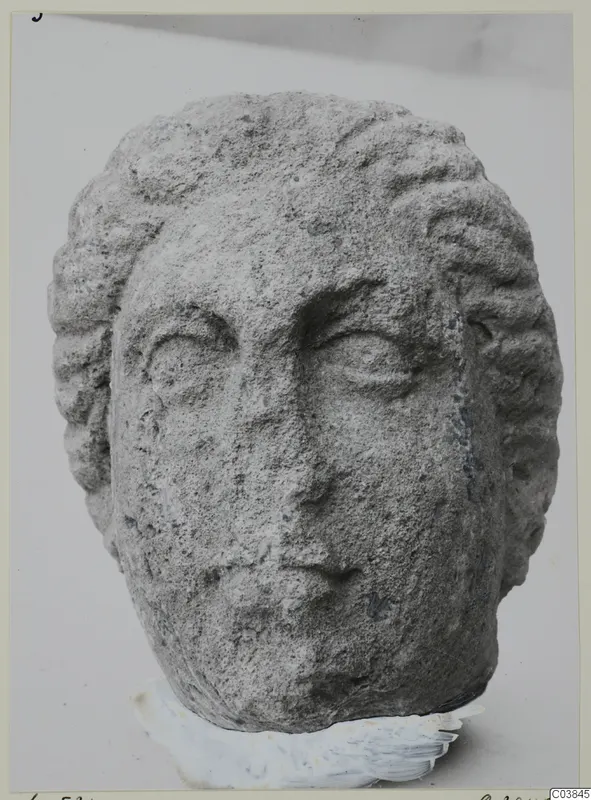 Stone head from Soli, a carved male or youth face with curled hair, shown against a pale backdrop.