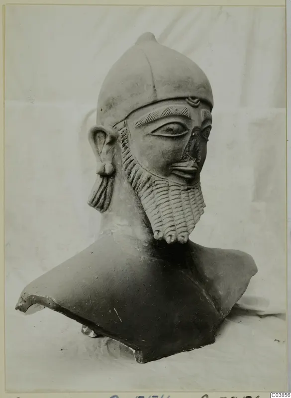 Terracotta bust of a bearded male head in a close-fitting cap, seen three-quarter view against a pale cloth.