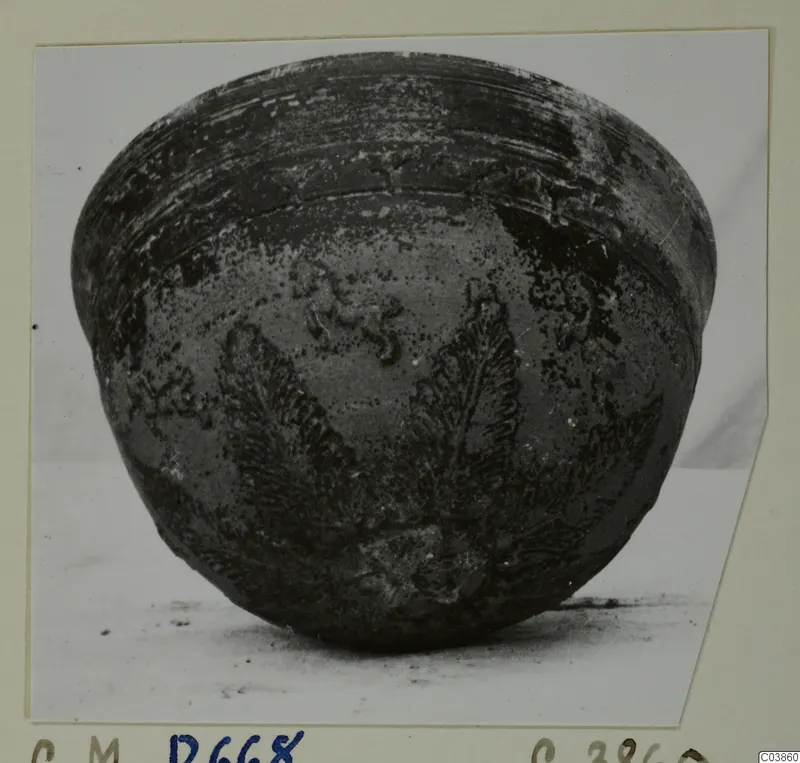 Dark rounded bowl with fern-like leaf relief decoration on its body, photographed on a pale surface