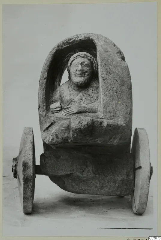 Limestone model cart from Mersinaki with a seated female figure under an arched canopy