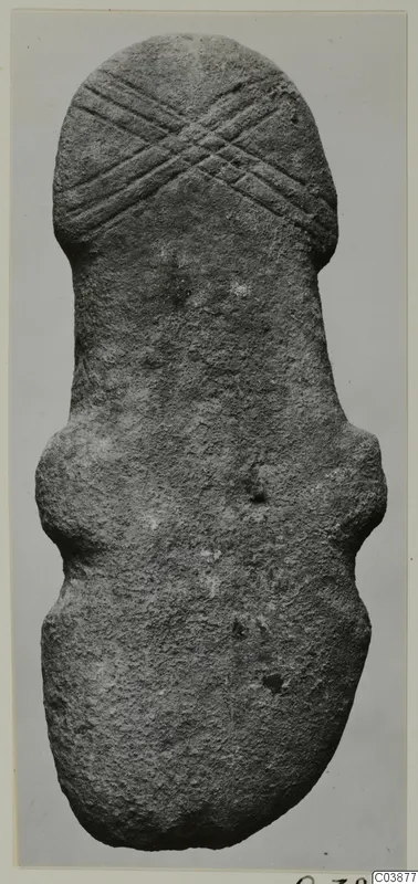 Back of a stone idol from Petra tou Limniti, elongated form with incised crossed lines at the rounded top end
