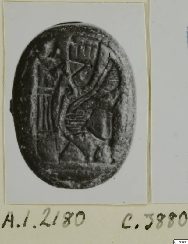 Engraved oval stone seal from Ayia Irini, shown enlarged, with figure-like motifs and hatched lines