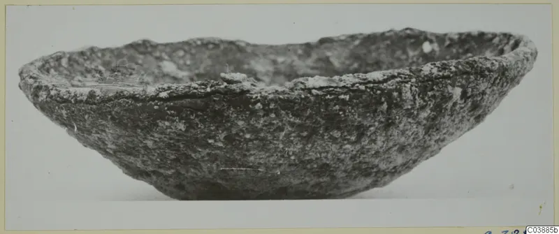 Shallow bowl with a rough, encrusted surface, photographed from the side.