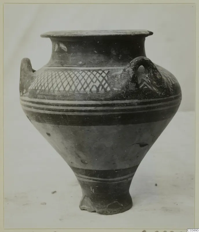 Pottery bowl-jar from Enkomi with two handles, cross-hatching on the shoulder and horizontal bands on the body