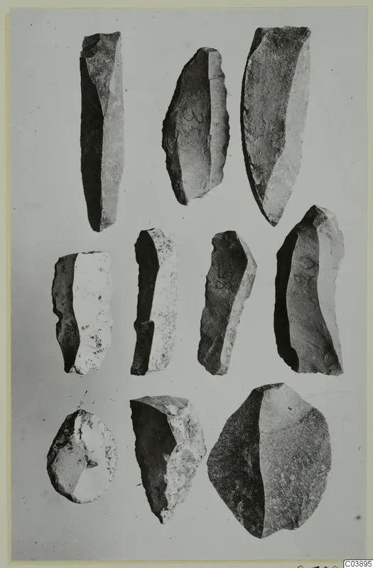 Ten stone tools from Kythrea, blades and flakes arranged in three rows on a pale background.