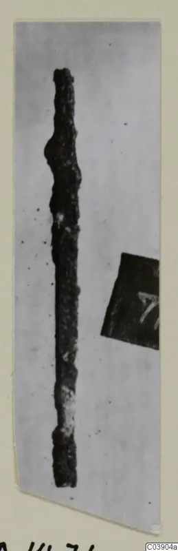 Corroded metal object from Amathus, a long thin rod with a swelling near the top, photographed upright on a grey background
