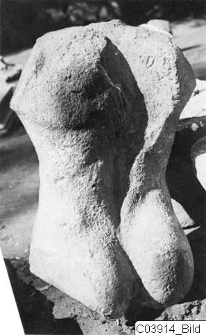 Limestone statue torso from Vouni, headless and armless, photographed outdoors
