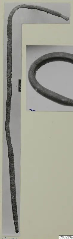 Corroded metal rod with a hooked end, with a smaller inset view of a looped metal piece, Vouni bronze utensils