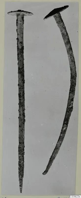 Two corroded metal objects with flat disc heads, one straight and one bent, against a pale grey background