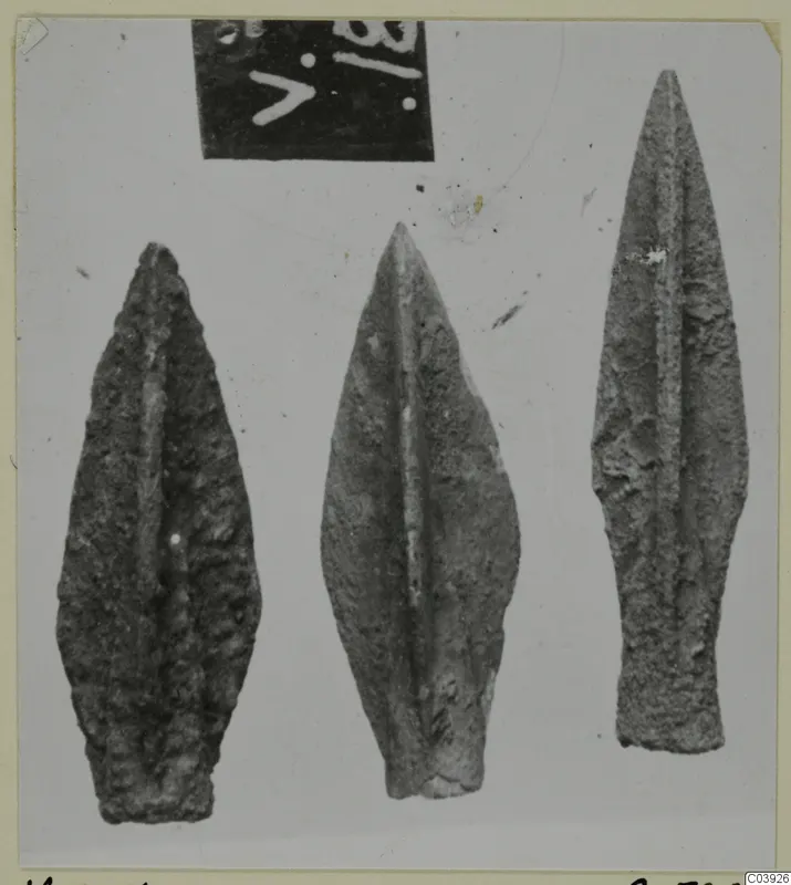 Three corroded metal weapon blades with central ridges, leaf-shaped, photographed side by side from Vouni