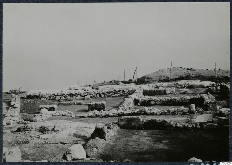 Excavated stone wall foundations at Vouni, with wooden stakes along the ridge and the sea beyond