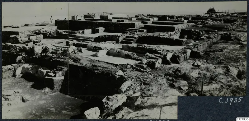 Excavated ruins at Vouni palace: low stone walls, paved floors and steps, with the sea at the left edge.