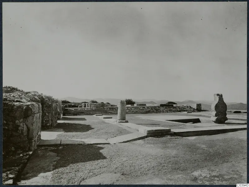 Ruined stone walls, a flight of steps and a column drum at Vouni Palace, with hills behind.