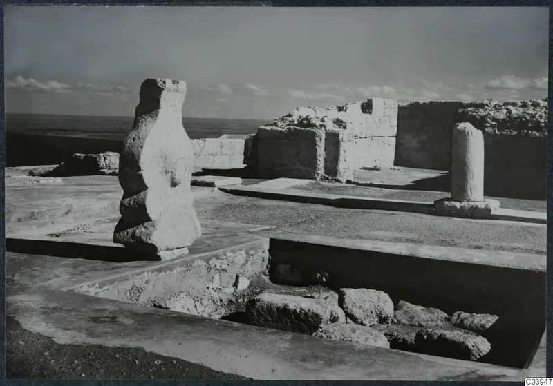 Excavation at Vouni Palace showing a tall stone block, a column base, ruined walls and a trench full of fallen stones