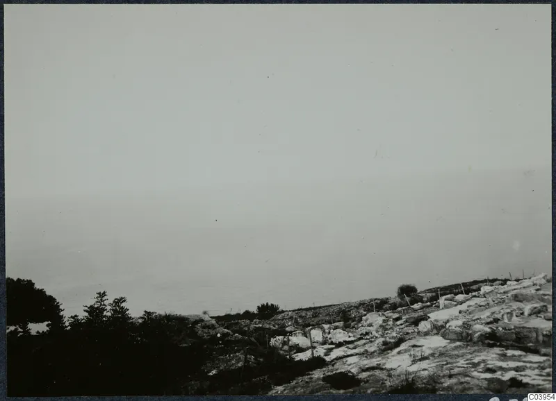 Rocky ruins on a hillside above the sea at Vouni, with scrubby trees on the left and a hazy horizon.