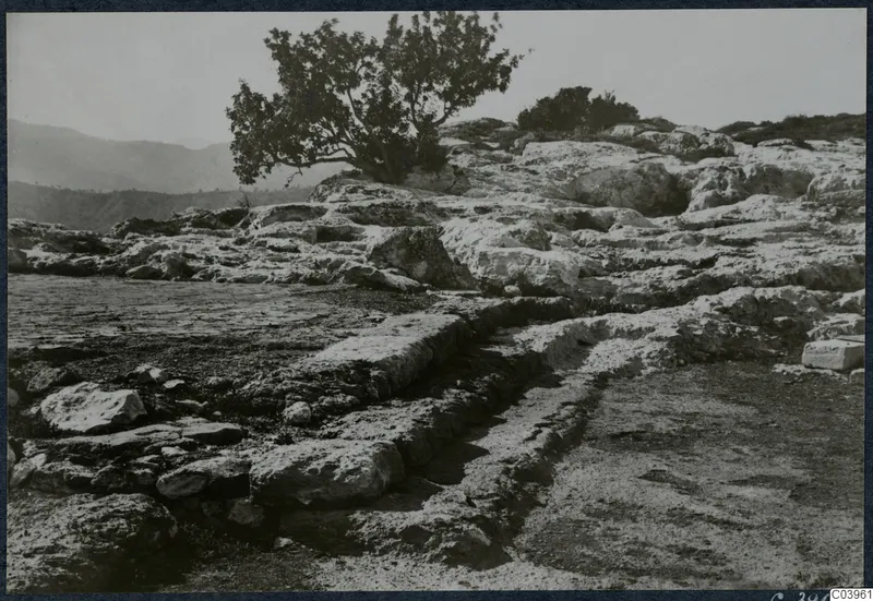 Stone foundations and a narrow channel at Vouni, with a tree and hills behind