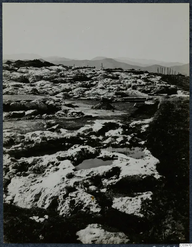 Rocky limestone surface at Vouni Temple of Athena, with water-filled hollows, a fence and distant hills