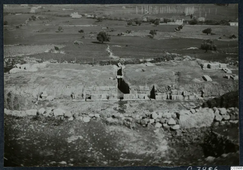 Excavated ruins of the theatre at Soli, with rows of cut stone blocks, a narrow cut in the middle and trees beyond.