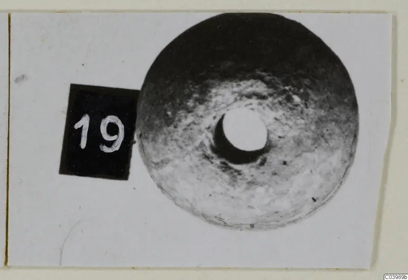 Flat round object with a large central hole, photographed face-on on a card mount beside a number label
