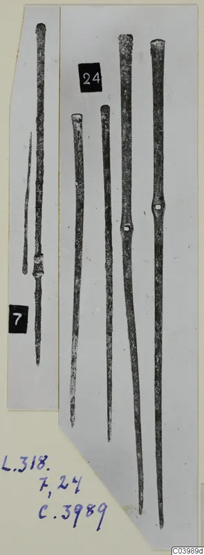 Bronze tools: slender metal rods and pins, photographed in two strips on a mounted photo card