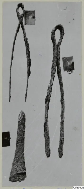 Two iron tongs and a tapered iron fragment laid out on a pale grey surface