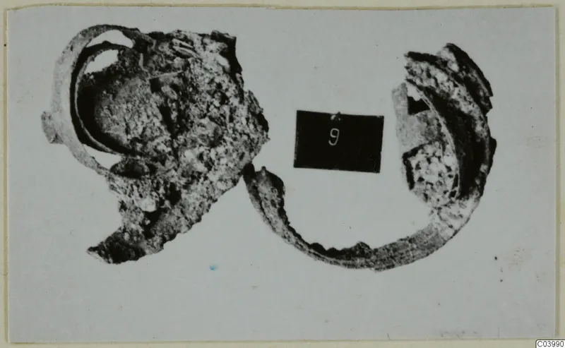 Corroded bronze fragments of personal adornments, with a black number card, from the Vrysi tou Barba tombs at Lapithos