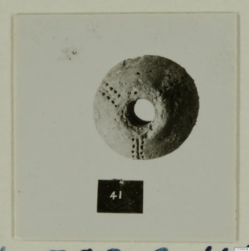Pale disc-shaped find with a wide central hole and dotted impressions, photographed face-on on a mounted card with a number label.