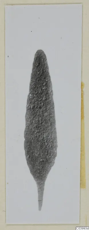 Bronze tool: a long, pointed blade with a narrow tang and a pitted, uneven surface