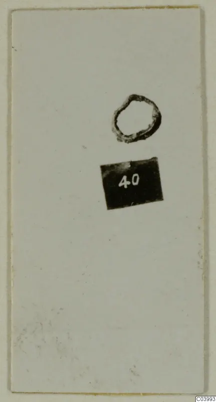 Small bronze ring with a number label, shown as a small print on a pale mounted card