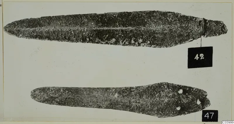 Two corroded bronze blades from the Vrysi tou Barba tombs at Lapithos, with number labels 42 and 47.